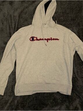 Champion Light Gray Hoodie with Red & Navy Script Logo
